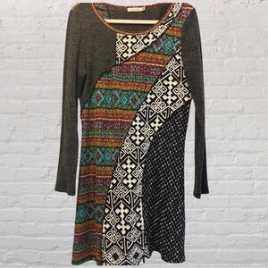 Adore Black and Multicolor Geometric Long Sleeve Dress